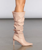 Scrunched Knee-High Stiletto Boots are chic ladies' shoes to complete your best 2023 outfits. They come in a variety of trendy women's shoe styles like platforms and dressy low-heels, & are available in wide widths for better comfort.