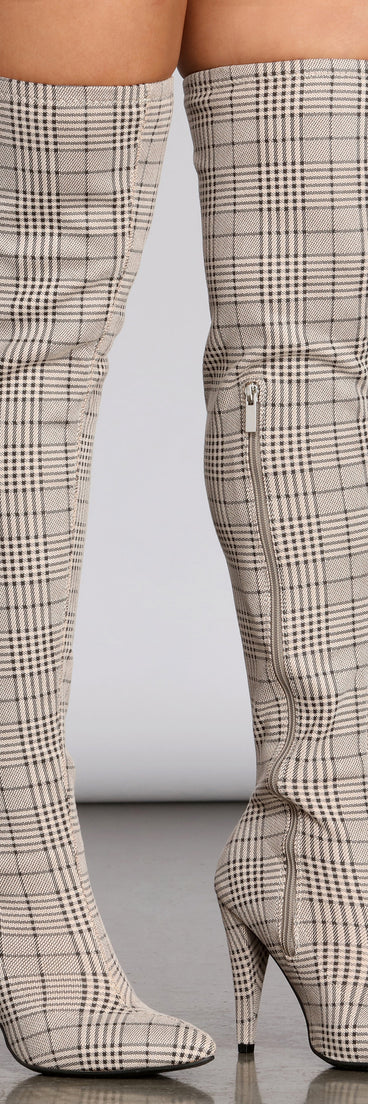 Plaid Thigh High Stiletto Boots are chic ladies' shoes to complete your best 2023 outfits. They come in a variety of trendy women's shoe styles like platforms and dressy low-heels, & are available in wide widths for better comfort.