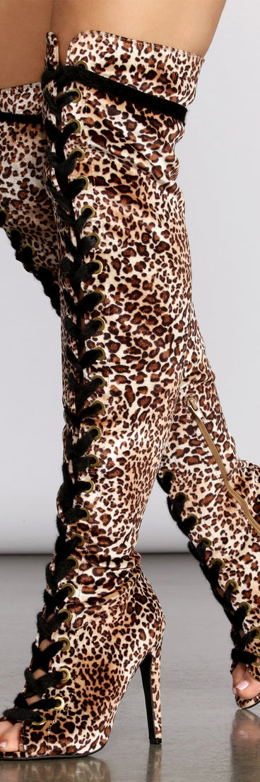 Bad Type Velvet Leopard Thigh High Boots is a trendy pick to create 2023 concert outfits, festival dresses, outfits for raves, or to complete your best party outfits or clubwear!