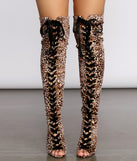 Bad Type Velvet Leopard Thigh High Boots are chic ladies' shoes to complete your best 2023 outfits. They come in a variety of trendy women's shoe styles like platforms and dressy low-heels, & are available in wide widths for better comfort.