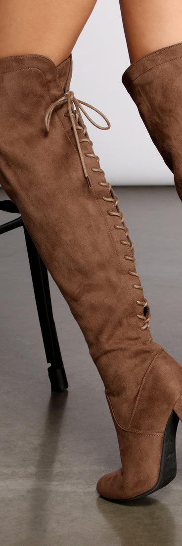 Lace Back Over The Knee Block Heeled Boots are chic ladies' shoes to complete your best 2023 outfits. They come in a variety of trendy women's shoe styles like platforms and dressy low-heels, & are available in wide widths for better comfort.