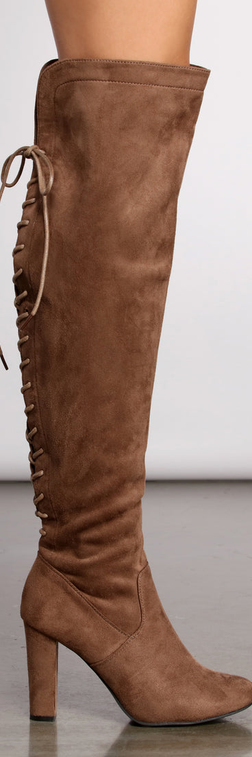 Lace Back Over The Knee Block Heeled Boots are chic ladies' shoes to complete your best 2023 outfits. They come in a variety of trendy women's shoe styles like platforms and dressy low-heels, & are available in wide widths for better comfort.