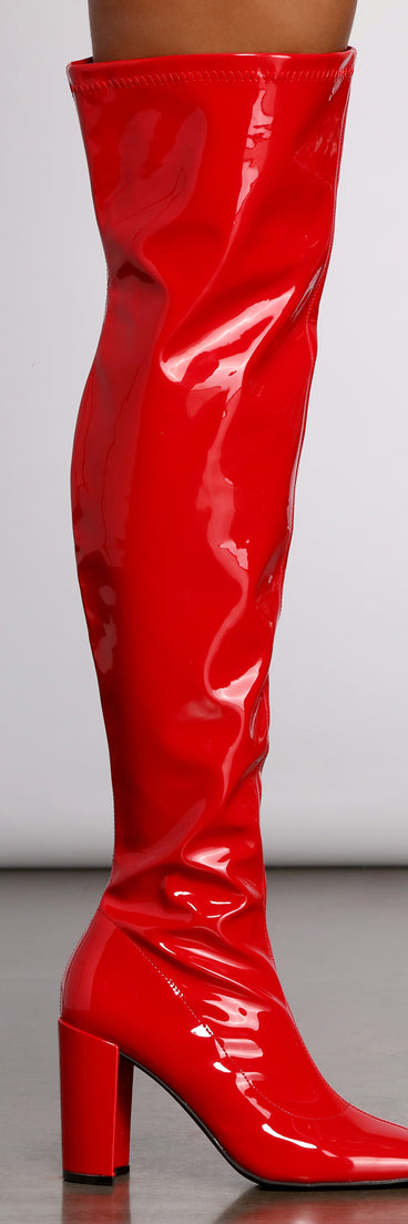 Bring The Heat Patent PU Thigh-High Boots are chic ladies' shoes to complete your best 2023 outfits. They come in a variety of trendy women's shoe styles like platforms and dressy low-heels, & are available in wide widths for better comfort.