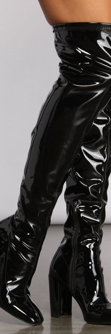 Patent Faux Leather Thigh-High Heeled Boots are chic ladies' shoes to complete your best 2023 outfits. They come in a variety of trendy women's shoe styles like platforms and dressy low-heels, & are available in wide widths for better comfort.
