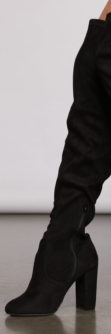 Over The Knee Faux Suede Block Heeled Boots are chic ladies' shoes to complete your best 2023 outfits. They come in a variety of trendy women's shoe styles like platforms and dressy low-heels, & are available in wide widths for better comfort.