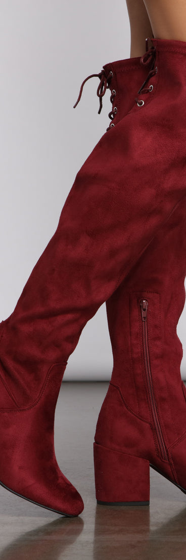 Over The Knee Tie Back Heeled Boots are chic ladies' shoes to complete your best 2023 outfits. They come in a variety of trendy women's shoe styles like platforms and dressy low-heels, & are available in wide widths for better comfort.