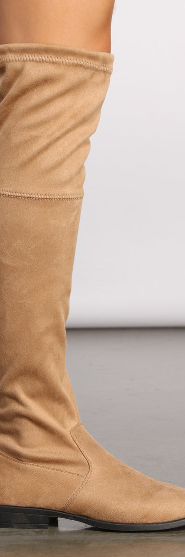 Faux Suede Over The Knee Flat Heel Boots are chic ladies' shoes to complete your best 2023 outfits. They come in a variety of trendy women's shoe styles like platforms and dressy low-heels, & are available in wide widths for better comfort.