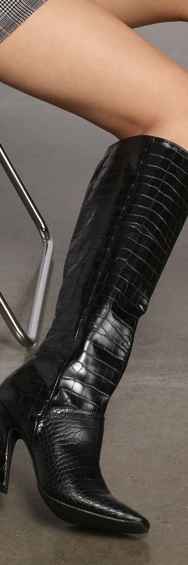 Sleek Style Croc Embossed Heeled Boots are chic ladies' shoes to complete your best 2023 outfits. They come in a variety of trendy women's shoe styles like platforms and dressy low-heels, & are available in wide widths for better comfort.