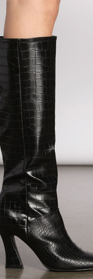 Sleek Style Croc Embossed Heeled Boots are chic ladies' shoes to complete your best 2023 outfits. They come in a variety of trendy women's shoe styles like platforms and dressy low-heels, & are available in wide widths for better comfort.