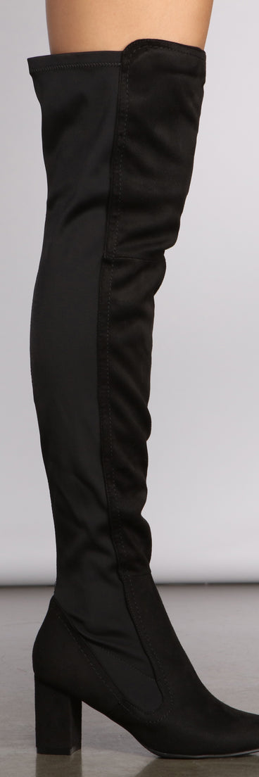 Faux Suede Over The Knee Block Heel Boots are chic ladies' shoes to complete your best 2023 outfits. They come in a variety of trendy women's shoe styles like platforms and dressy low-heels, & are available in wide widths for better comfort.