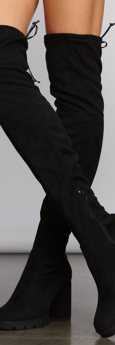 Faux Suede Over The Knee Lug Sole Boots are chic ladies' shoes to complete your best 2023 outfits. They come in a variety of trendy women's shoe styles like platforms and dressy low-heels, & are available in wide widths for better comfort.