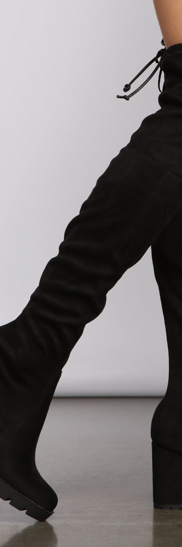 Faux Suede Over The Knee Lug Sole Boots are chic ladies' shoes to complete your best 2023 outfits. They come in a variety of trendy women's shoe styles like platforms and dressy low-heels, & are available in wide widths for better comfort.