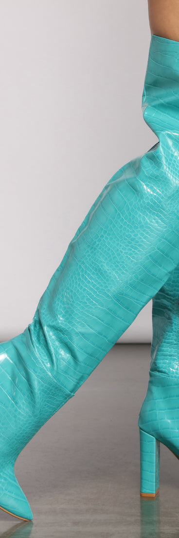 Fashionista Chic Croc Embossed Faux Leather Boots are chic ladies' shoes to complete your best 2023 outfits. They come in a variety of trendy women's shoe styles like platforms and dressy low-heels, & are available in wide widths for better comfort.