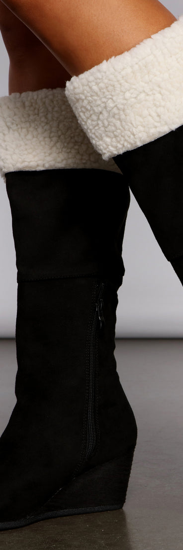 Cozy Vibes Sherpa Lined Wedge Heel Boots are chic ladies' shoes to complete your best 2023 outfits. They come in a variety of trendy women's shoe styles like platforms and dressy low-heels, & are available in wide widths for better comfort.