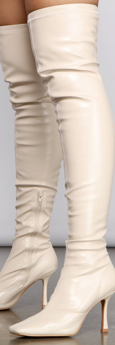 Level Up Thigh High Faux Leather Boots are chic ladies' shoes to complete your best 2023 outfits. They come in a variety of trendy women's shoe styles like platforms and dressy low-heels, & are available in wide widths for better comfort.