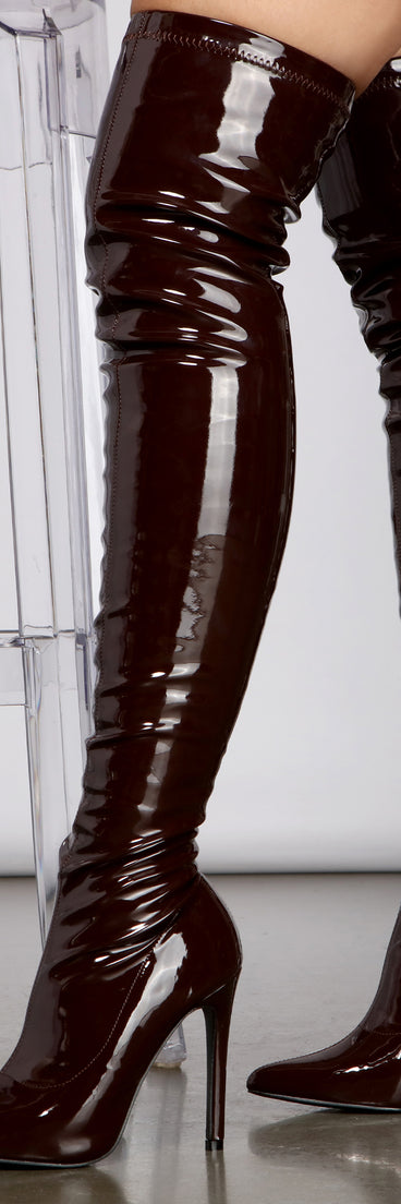 Faux Patent Leather Thigh High Boots are chic ladies' shoes to complete your best 2023 outfits. They come in a variety of trendy women's shoe styles like platforms and dressy low-heels, & are available in wide widths for better comfort.