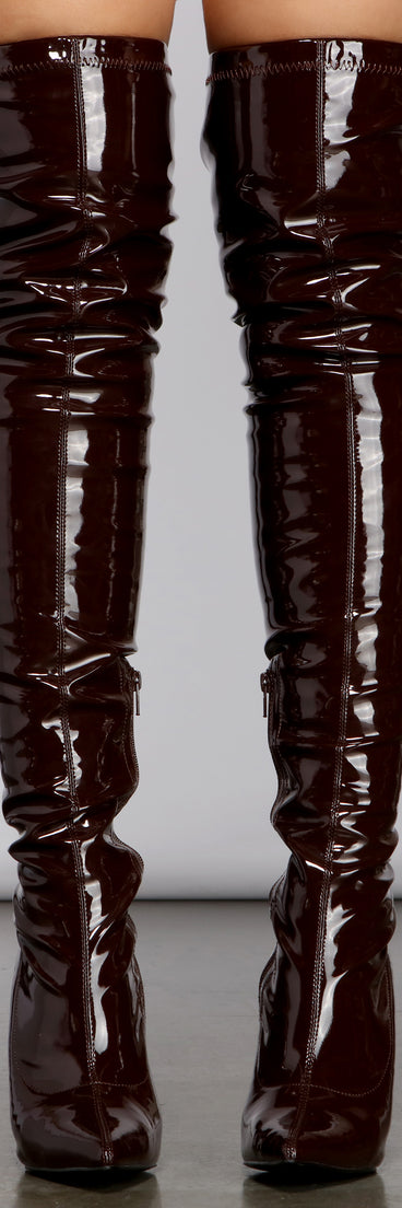 Faux Patent Leather Thigh High Boots are chic ladies' shoes to complete your best 2023 outfits. They come in a variety of trendy women's shoe styles like platforms and dressy low-heels, & are available in wide widths for better comfort.