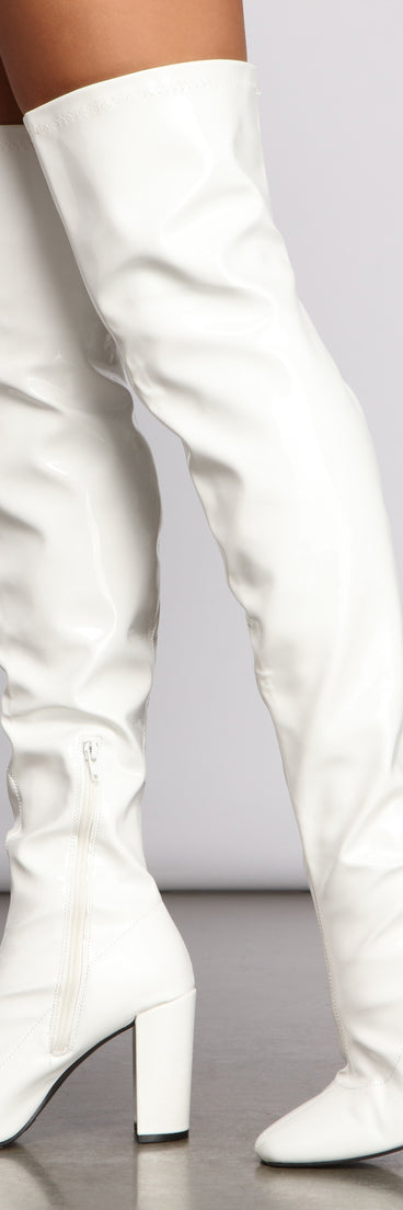 Level Up Faux Patent Leather Thigh High Boots are chic ladies' shoes to complete your best 2023 outfits. They come in a variety of trendy women's shoe styles like platforms and dressy low-heels, & are available in wide widths for better comfort.