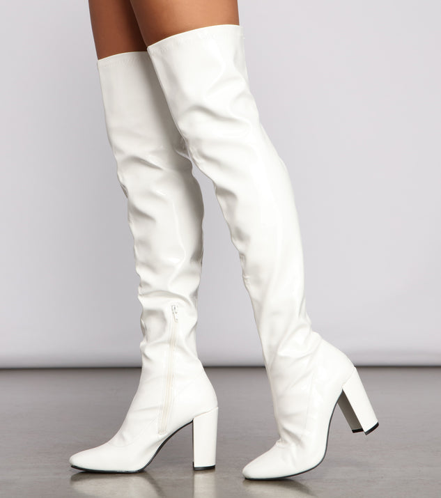 Level Up Faux Patent Leather Thigh High Boots are chic ladies' shoes to complete your best 2023 outfits. They come in a variety of trendy women's shoe styles like platforms and dressy low-heels, & are available in wide widths for better comfort.
