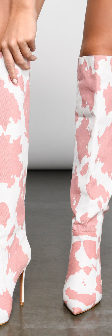 Moo Over Denim Knee-High Stiletto Boots is a trendy pick to create 2023 concert outfits, festival dresses, outfits for raves, or to complete your best party outfits or clubwear!