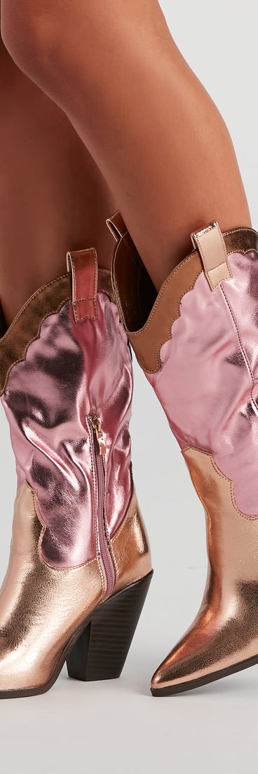 Howdy Partner Metallic Cowgirl Boots is a trendy pick to create 2023 concert outfits, festival dresses, outfits for raves, or to complete your best party outfits or clubwear!