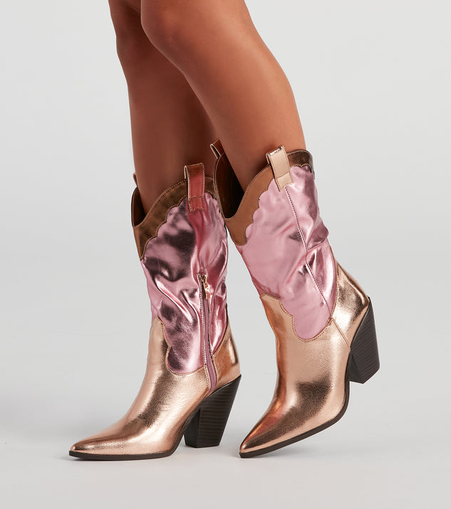 Howdy Partner Metallic Cowgirl Boots is a trendy pick to create 2023 concert outfits, festival dresses, outfits for raves, or to complete your best party outfits or clubwear!