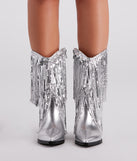 Sparkly Vibes Metallic Fringe Cowboy Boots are chic ladies' shoes to complete your best 2023 outfits. They come in a variety of trendy women's shoe styles like platforms and dressy low-heels, & are available in wide widths for better comfort.