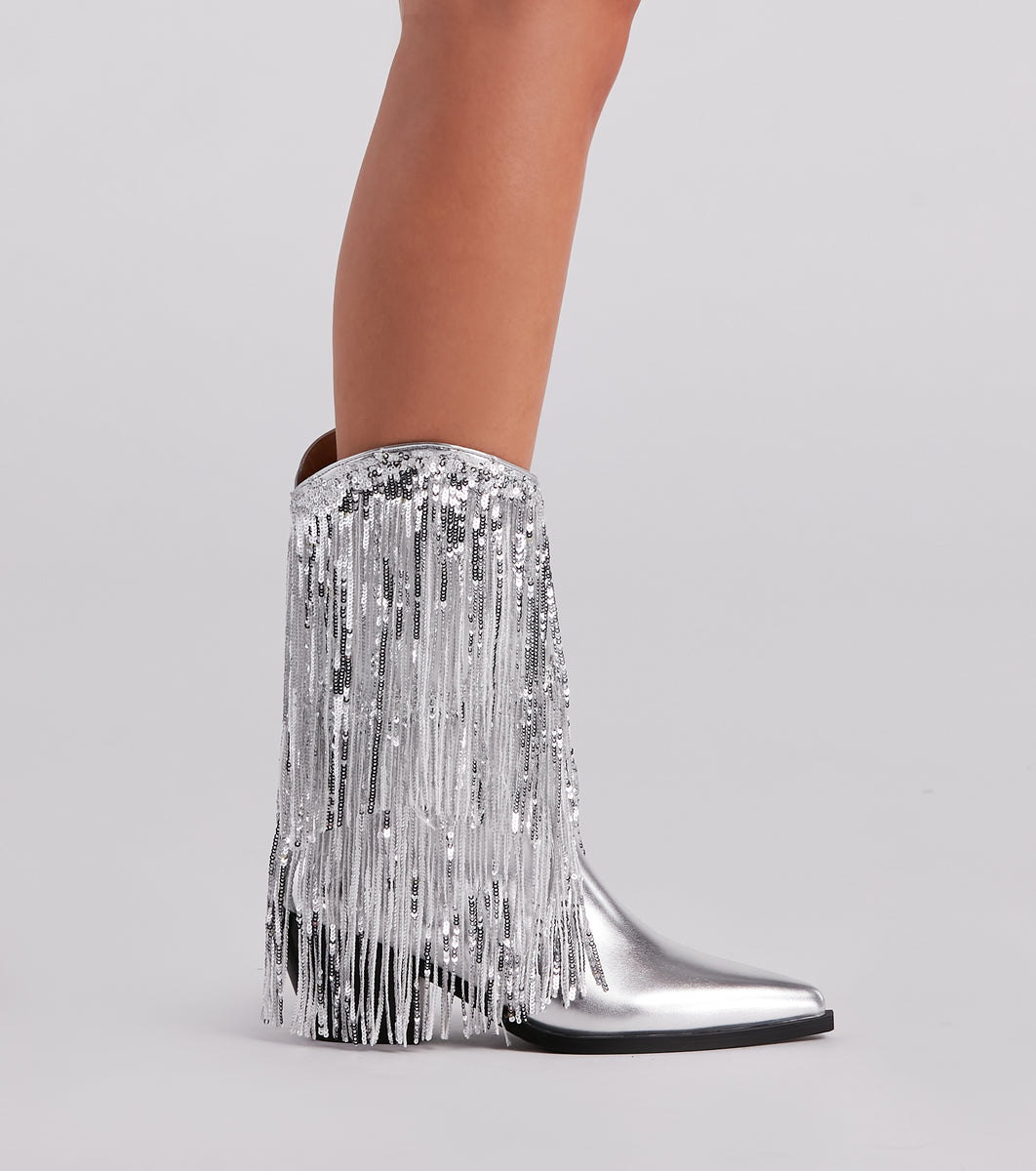 Sparkly Vibes Metallic Fringe Cowboy Boots
