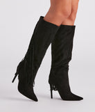 Chic Strut Fringe Knee-High Stiletto Boots is a trendy pick to create 2023 concert outfits, festival dresses, outfits for raves, or to complete your best party outfits or clubwear!