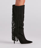 Chic Strut Fringe Knee-High Stiletto Boots is a trendy pick to create 2023 concert outfits, festival dresses, outfits for raves, or to complete your best party outfits or clubwear!
