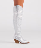 Fearlessly-Chic Rhinestone Thigh-High Cowboy Boots is a fire pick to create 2023 festival outfits, concert dresses, outfits for raves, or to complete your best party outfits or clubwear!
