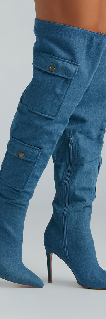 Bold Babe Denim Over-The-Knee Stiletto Boots is a fire pick to create a concert outfit, 2024 festival looks, outfits for raves, or to complete your best party outfits or clubwear!