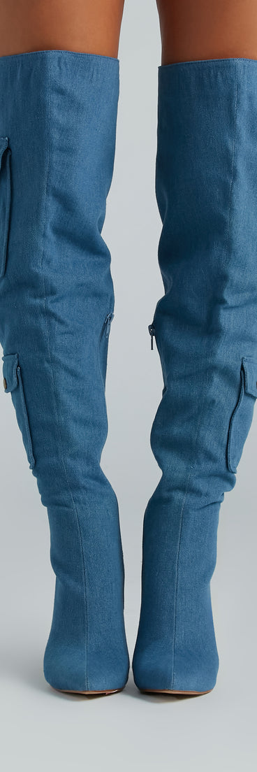 Bold Babe Denim Over-The-Knee Stiletto Boots is a fire pick to create a concert outfit, 2024 festival looks, outfits for raves, or to complete your best party outfits or clubwear!