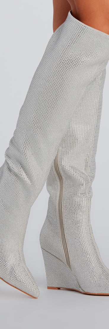 Stunningly Stylish Rhinestone Knee-High Wedge Boot is a fire pick to create a concert outfit, 2024 festival looks, outfits for raves, or to complete your best party outfits or clubwear!