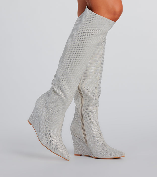 Stunningly Stylish Rhinestone Knee-High Wedge Boot is a fire pick to create a concert outfit, 2024 festival looks, outfits for raves, or to complete your best party outfits or clubwear!