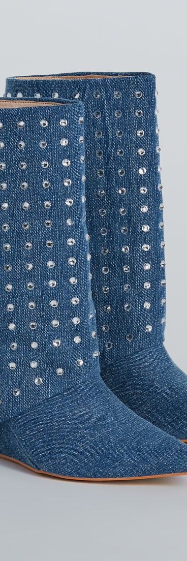 Fashion Diva Rhinestone Fold-Over Denim Boots is a fire pick to create a concert outfit, 2024 festival looks, outfits for raves, or to complete your best party outfits or clubwear!