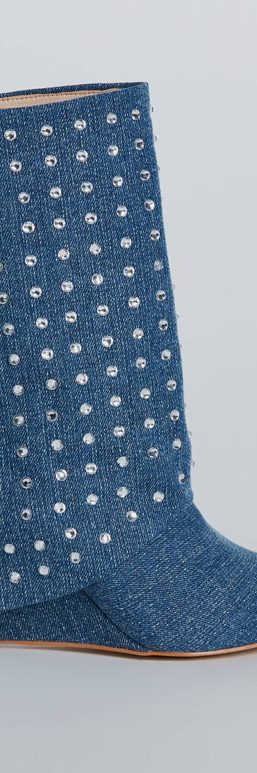 Fashion Diva Rhinestone Fold-Over Denim Boots is a fire pick to create a concert outfit, 2024 festival looks, outfits for raves, or to complete your best party outfits or clubwear!
