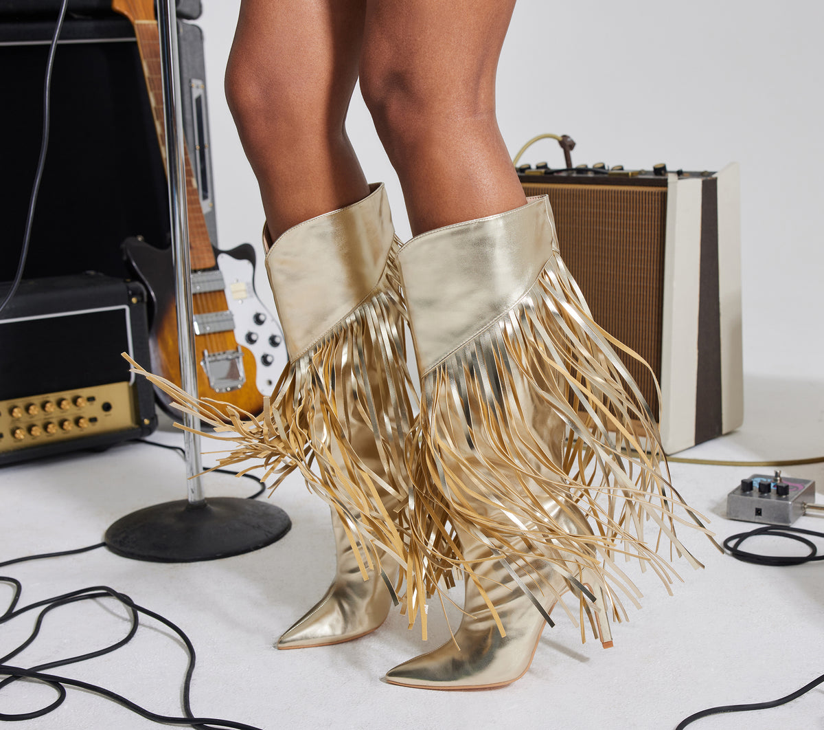 Shaking It Faux Leather Metallic Fringe Boots & Windsor