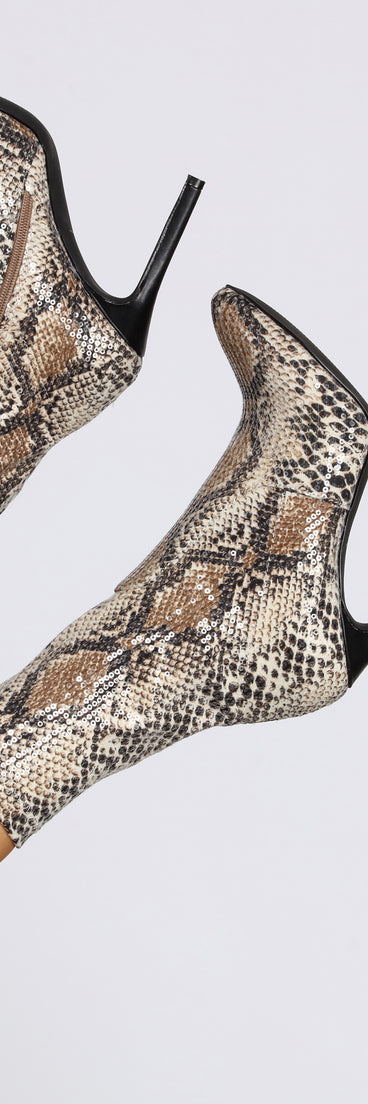 Sequin Stiletto Snake Booties are chic ladies' shoes to complete your best 2023 outfits. They come in a variety of trendy women's shoe styles like platforms and dressy low-heels, & are available in wide widths for better comfort.