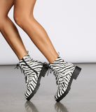 Let's Get Crazy Zebra Print Combat Boots is a trendy pick to create 2023 concert outfits, festival dresses, outfits for raves, or to complete your best party outfits or clubwear!