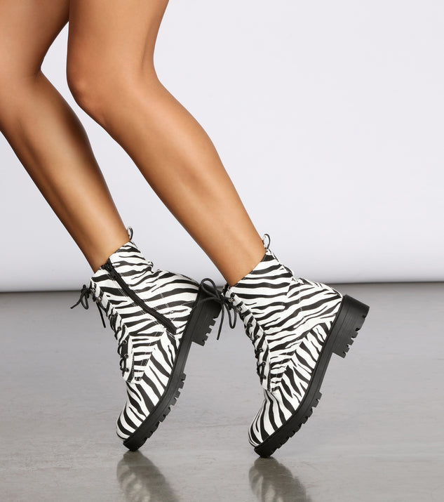Let's Get Crazy Zebra Print Combat Boots is a trendy pick to create 2023 concert outfits, festival dresses, outfits for raves, or to complete your best party outfits or clubwear!