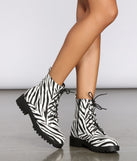 Let's Get Crazy Zebra Print Combat Boots is a trendy pick to create 2023 concert outfits, festival dresses, outfits for raves, or to complete your best party outfits or clubwear!