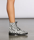 Let's Get Crazy Zebra Print Combat Boots is a trendy pick to create 2023 concert outfits, festival dresses, outfits for raves, or to complete your best party outfits or clubwear!