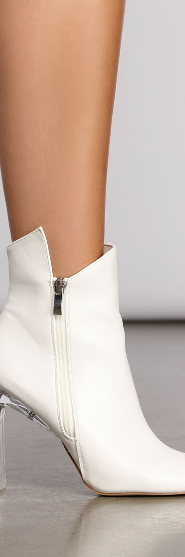 Moving On Faux Leather Lucite Booties are chic ladies' shoes to complete your best 2023 outfits. They come in a variety of trendy women's shoe styles like platforms and dressy low-heels, & are available in wide widths for better comfort.