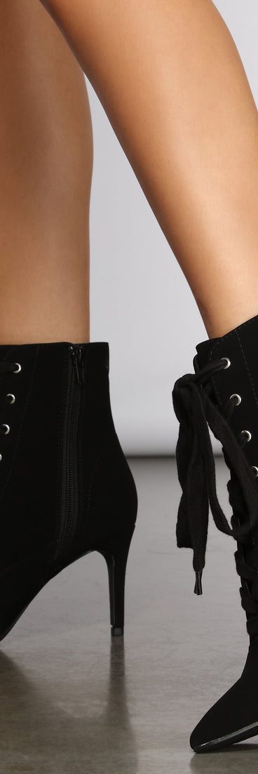 Lace Up Faux Nubuck Stiletto Booties are chic ladies' shoes to complete your best 2023 outfits. They come in a variety of trendy women's shoe styles like platforms and dressy low-heels, & are available in wide widths for better comfort.
