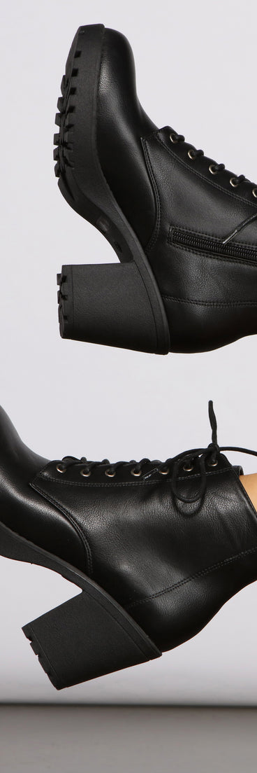 Lace Up Faux Leather Lug Booties are chic ladies' shoes to complete your best 2023 outfits. They come in a variety of trendy women's shoe styles like platforms and dressy low-heels, & are available in wide widths for better comfort.