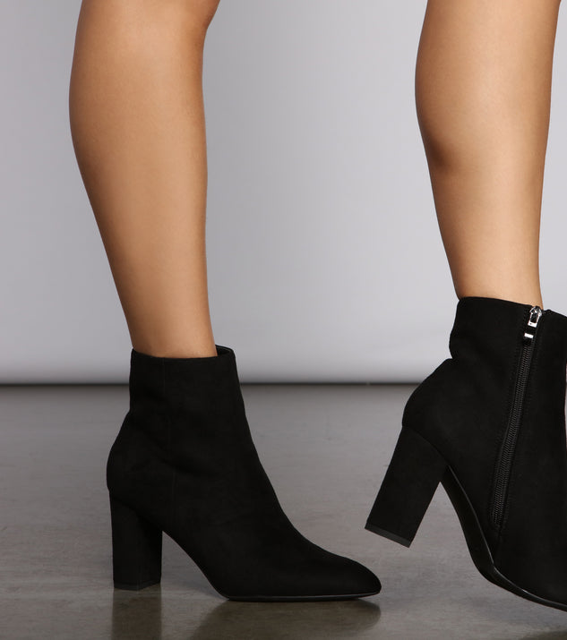 Faux Suede Pointed Toe Block Heel Booties are chic ladies' shoes to complete your best 2023 outfits. They come in a variety of trendy women's shoe styles like platforms and dressy low-heels, & are available in wide widths for better comfort.