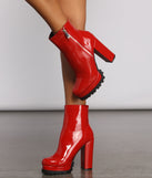Red Hot Faux Patent Leather Lug Booties are chic ladies' shoes to complete your best 2023 outfits. They come in a variety of trendy women's shoe styles like platforms and dressy low-heels, & are available in wide widths for better comfort.