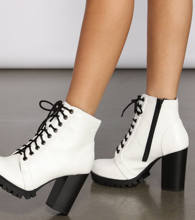 Faux Leather Lace Up Lug Booties is a trendy pick to create 2023 concert outfits, festival dresses, outfits for raves, or to complete your best party outfits or clubwear!