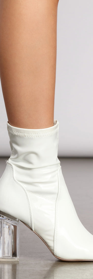 Patent Pointed-Toe Lucite Block Heel Booties are chic ladies' shoes to complete your best 2023 outfits. They come in a variety of trendy women's shoe styles like platforms and dressy low-heels, & are available in wide widths for better comfort.